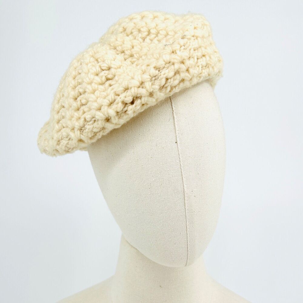 Vintage 1970s Cream 100% Pure Wool Hand Crocheted Beret Hat